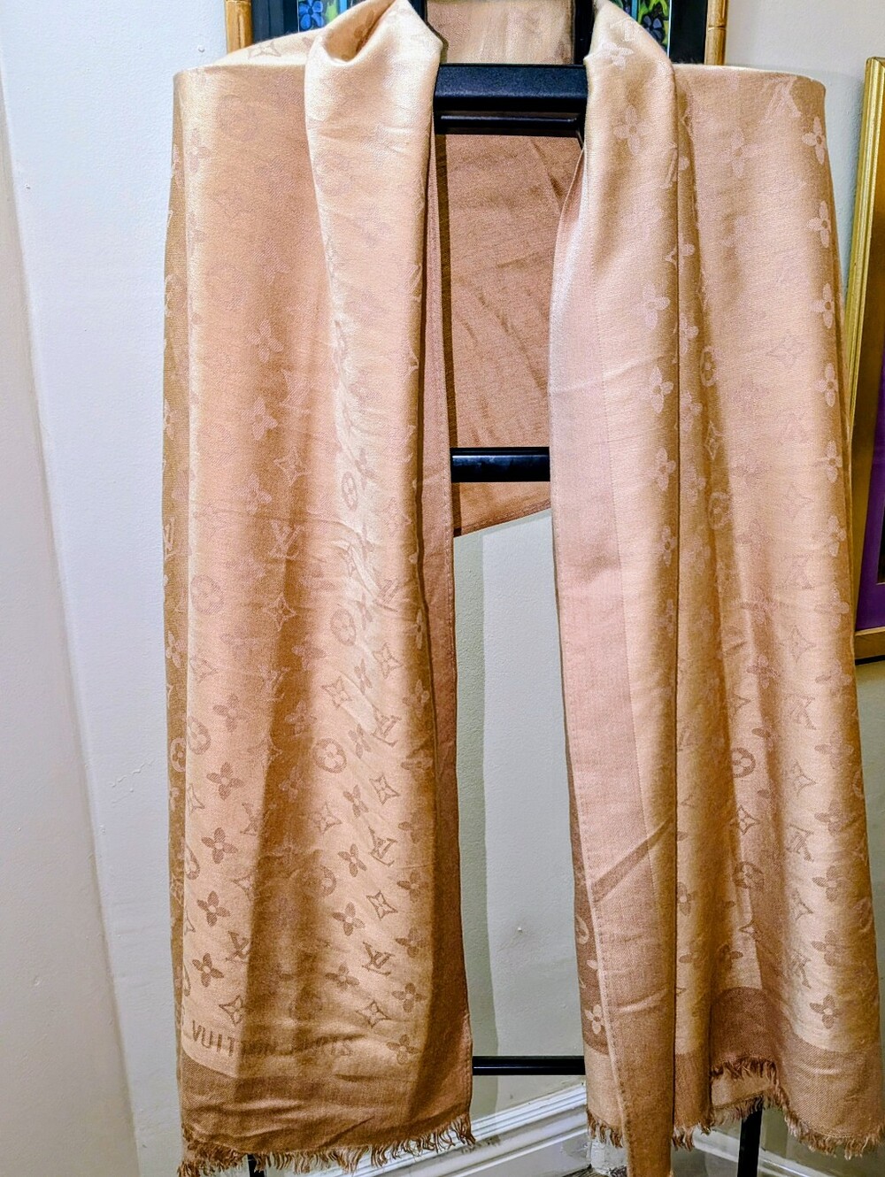 Louis Vuitton Monogram Jacard Shawl/ Scarf. Excellent Condition. Gold Color.